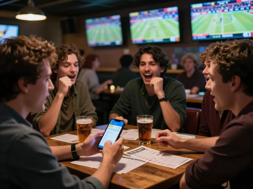 Sports betting enthusiast checking kèo nhà cái while watching live matches in a vibrant sports bar