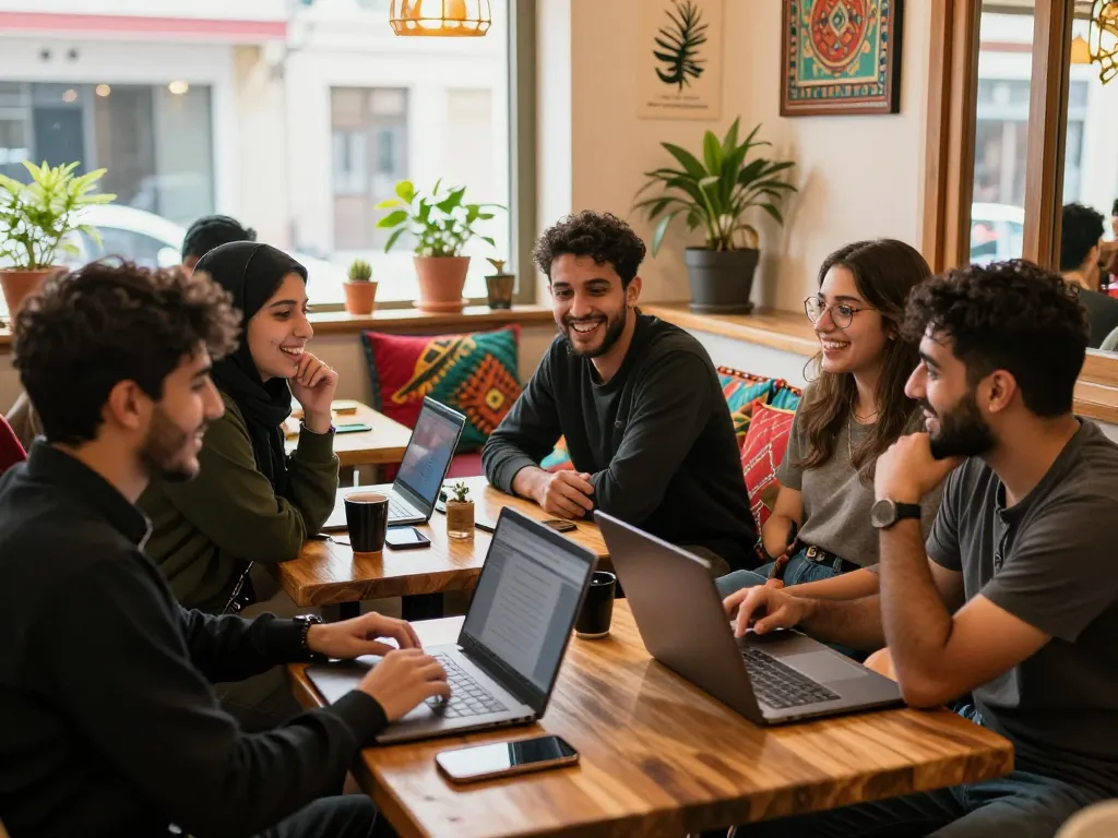 Dردشة فلسطين in a cozy café with young adults engaged in lively conversations and interactions.