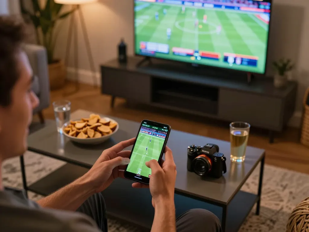 Person engaging in live sports betting on ee88go smartphone while enjoying snacks in a cozy setting.