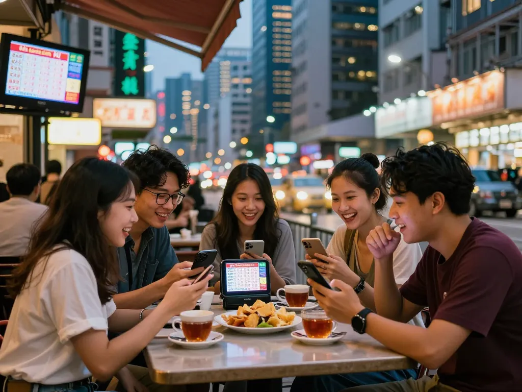 Hasil Keluaran HK diperiksa oleh teman-teman di kafe luar ruangan yang ramai di Hong Kong, menampilkan kehidupan malam yang cerah dan kegembiraan.