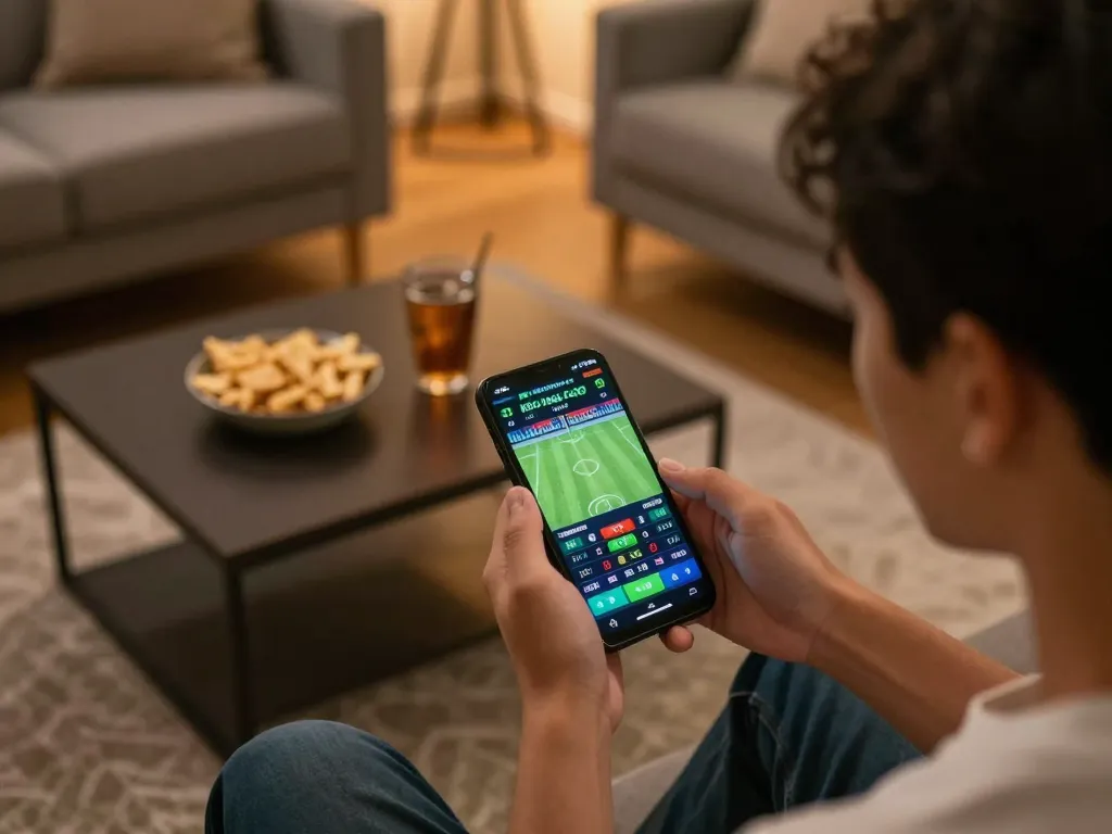 Engaging in live betting on Kèo nhà cái 5 during a football match from home setup.