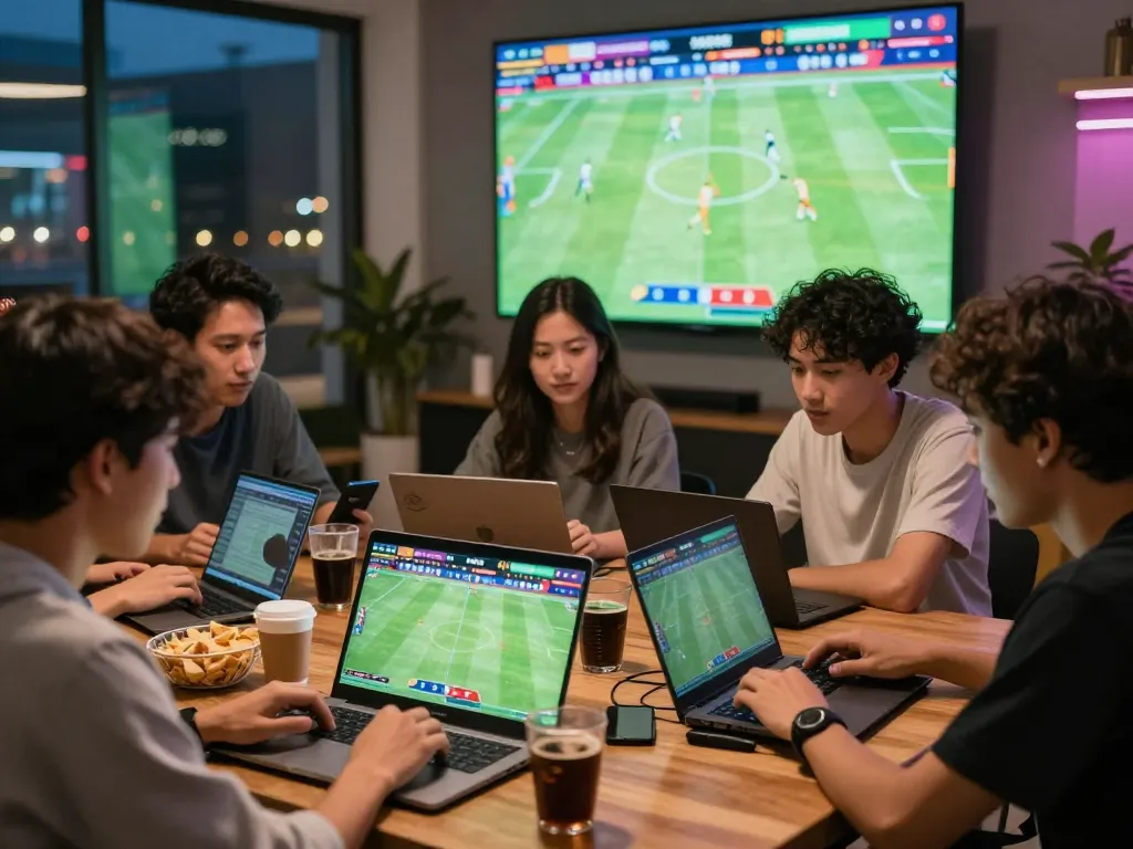 Friends engaging in Judi Bola betting while watching football matches together.