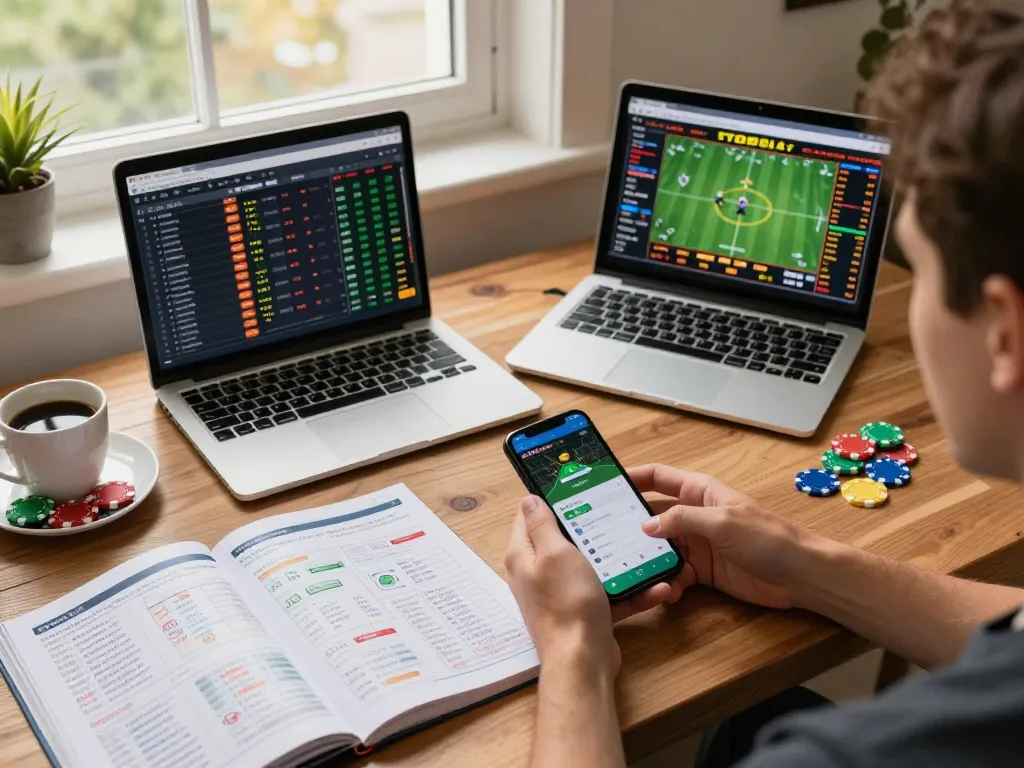 Aplikasi mobile SBOBET digunakan selama pengaturan taruhan di rumah dengan strategi dan minuman yang terlihat.