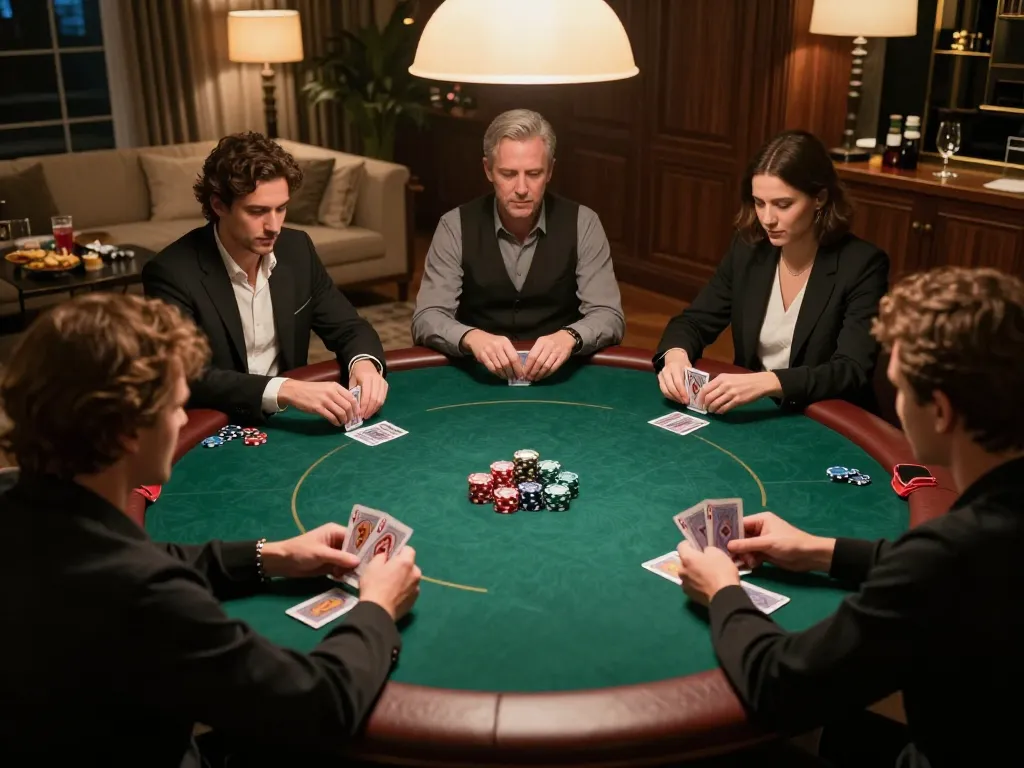 VB88 players actively engaged in a high-stakes poker game with chips stacked, vibrant atmosphere.