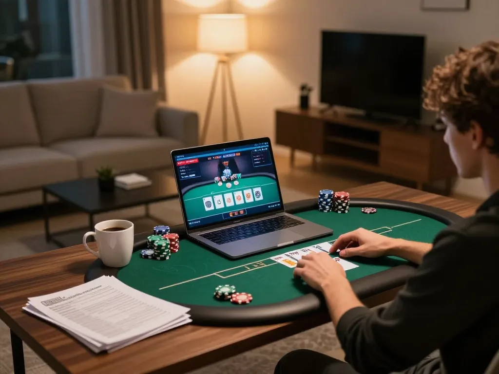 Engaging in online poker at home with FIVE88, showcasing cozy setup and strategic gameplay