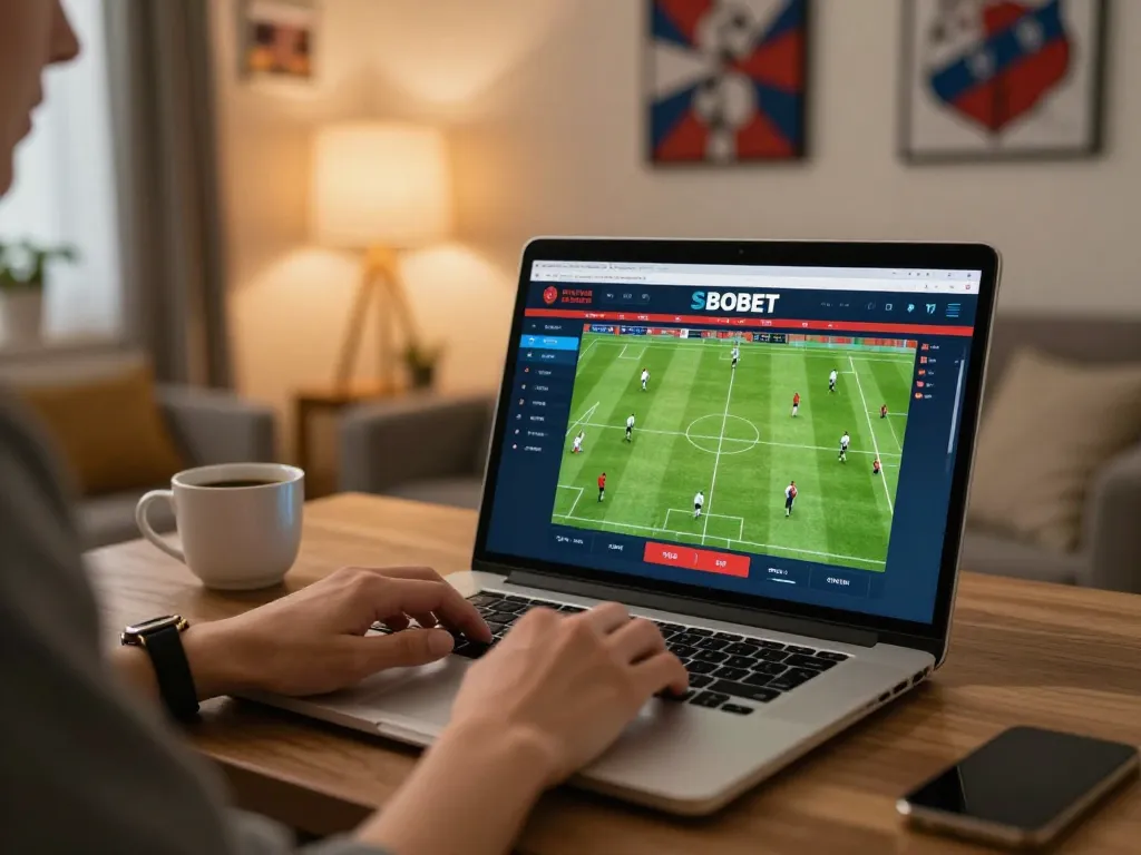 Suasana taruhan daring SBOBET dengan seorang pengguna yang memasang taruhan sepak bola di laptop dalam suasana yang nyaman.