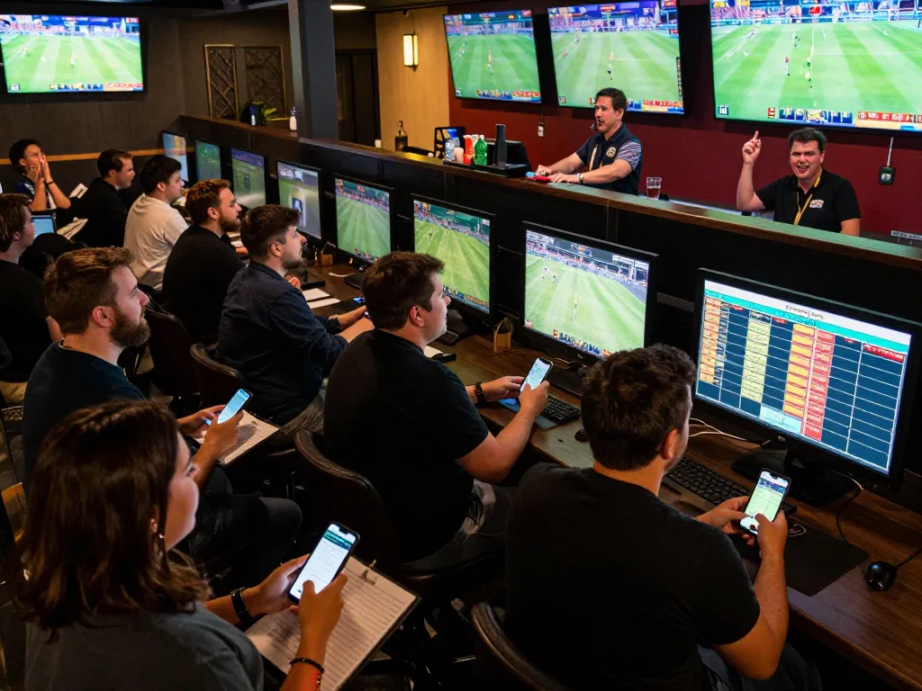 Fans engaging in sports betting excitement at MB66 lounge, showcasing live match screens and patrons placing bets