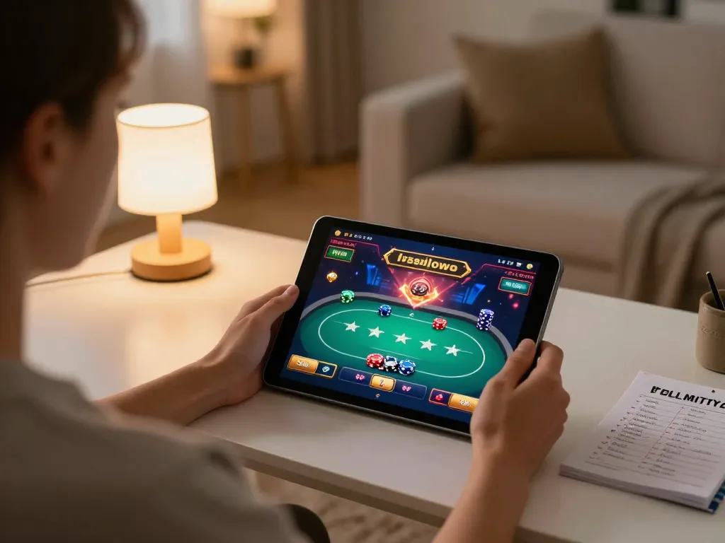 Engaging in online casino gameplay with fly 88 on tablet showcasing poker strategy and excitement