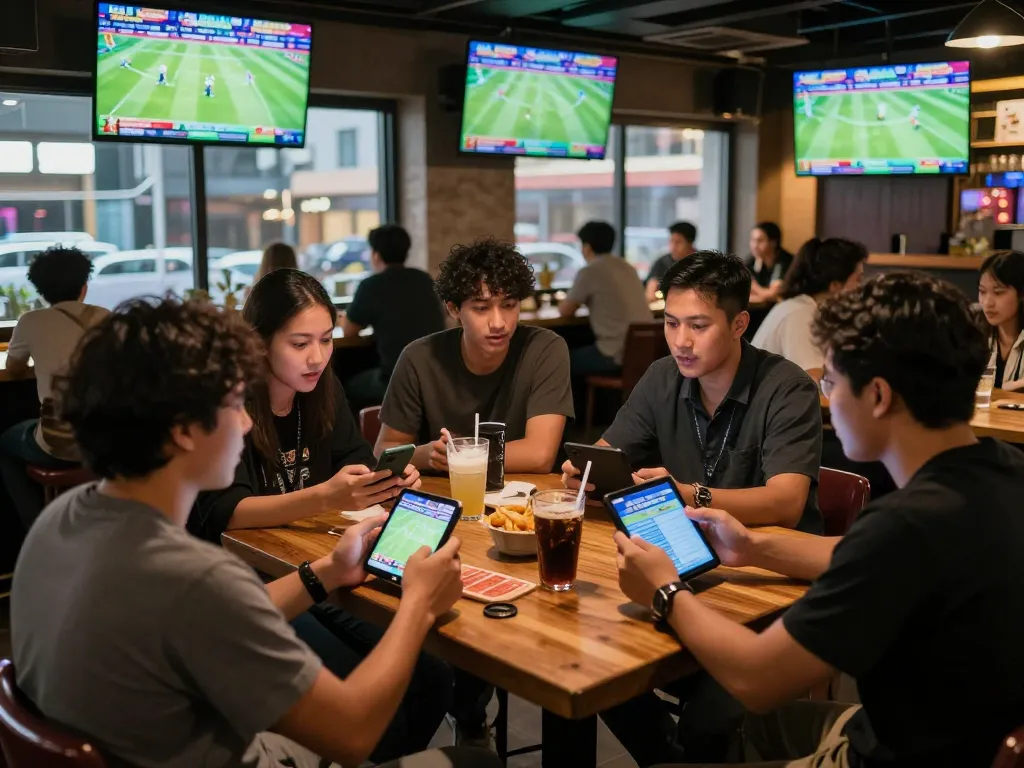 Kelompok yang bersemangat memasang taruhan pada Judi Bola selama pertandingan di bar olahraga yang meriah.
