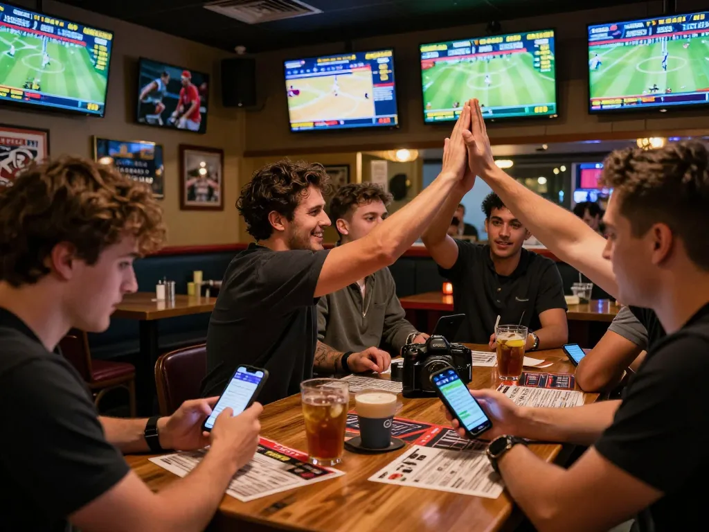 Engaged patrons placing bets at RED88 sports betting bar with multiple screens showing live games.