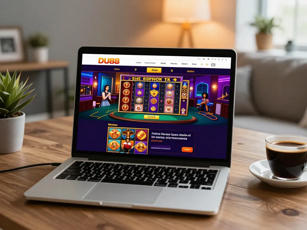 Experience exciting online games with DU88 on a laptop, showcasing vibrant slots and poker action