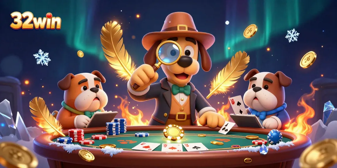 32win poker detective reveals hidden treasures amidst rich casino elements and vibrant action.