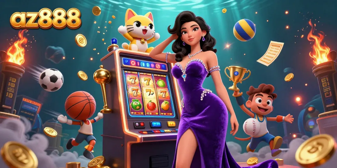Play engaging slots and win big at az888 with a stunning jackpot scene featuring vibrant casino elements.