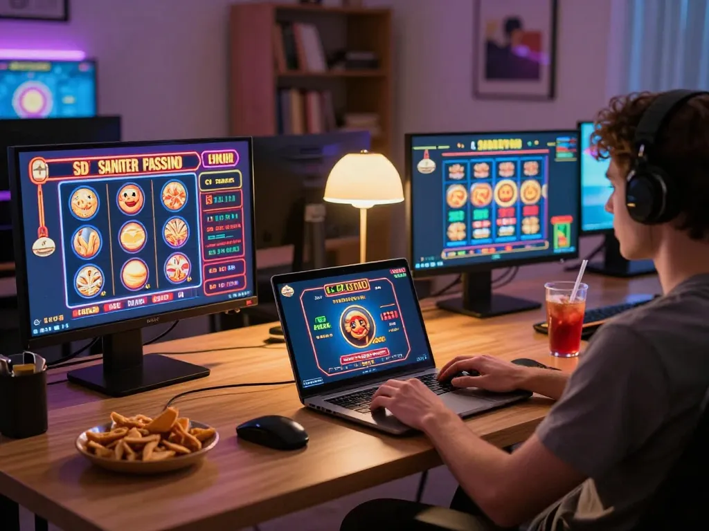 Player enjoying diverse games at lc88 on laptop, showcasing responsible gaming in a cozy home setup.