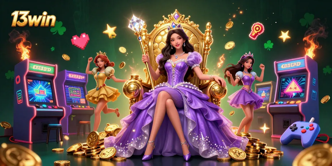 Engage with the vibrant 13win casino atmosphere featuring stunning visuals of games and a regal character.