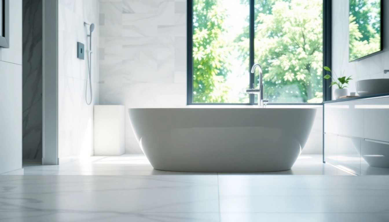 Enhancing bath reconstruction with a modern, elegant bathtub in a beautifully lit bathroom.