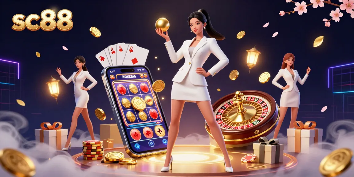 Experience the thrill of sc88 with a stunning gambling illustration featuring a confident woman and casino elements.