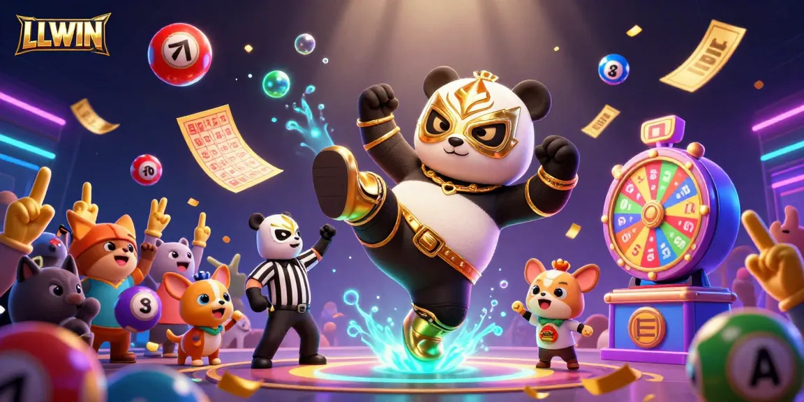 LLWIN immersive casino action scene featuring a panda wrestler and chihuahua referee surrounded by dynamic gambling elements.