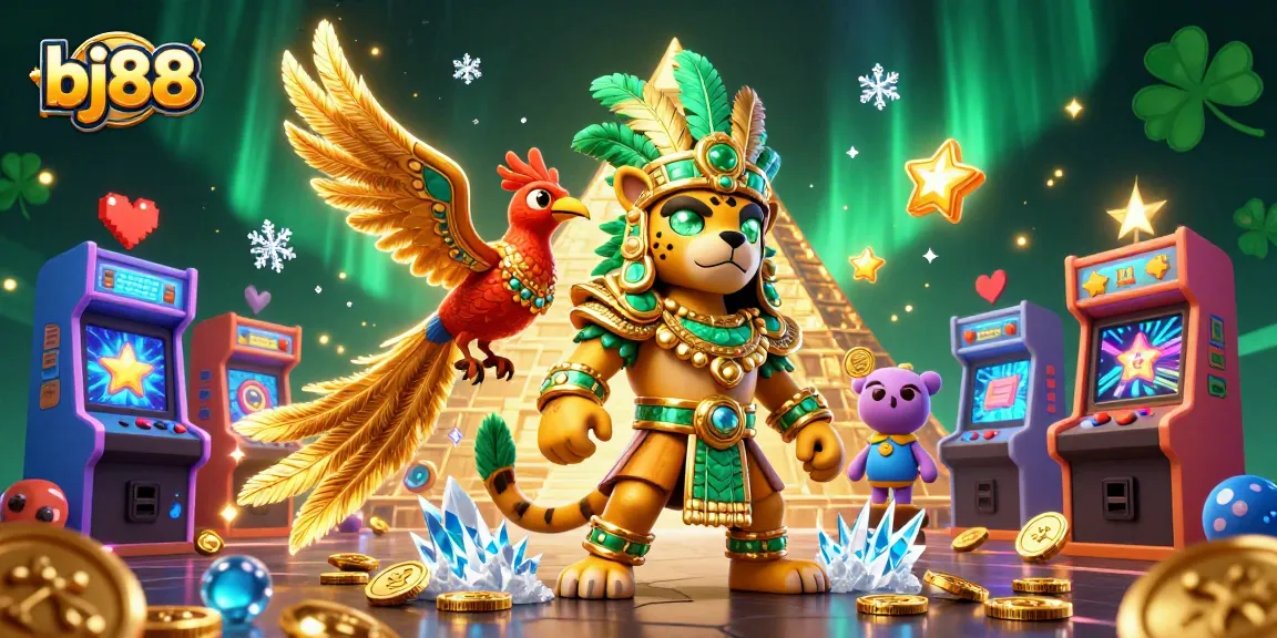 Engage with bj88's thrilling casino experience featuring a Mayan jaguar priest and gaming flair.