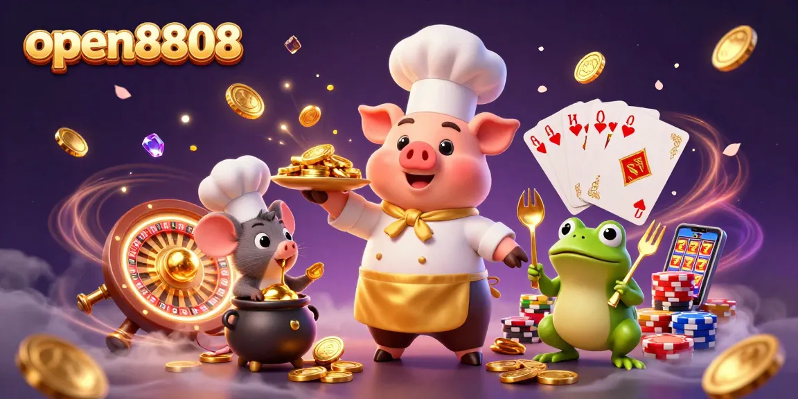 Experience open8808's vibrant casino scene with a pig chef serving gold coins and dynamic gaming elements.