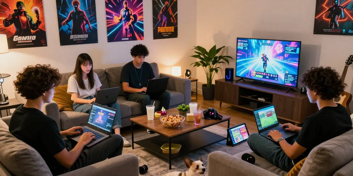 Friends playing hentaigames together in a cozy living room with vibrant decor.