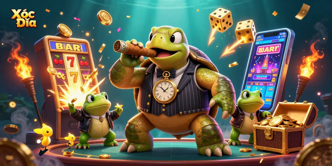 Xóc Đĩa game action with a cartoon turtle mobster and bullfrog enforcers in a vibrant casino setting.