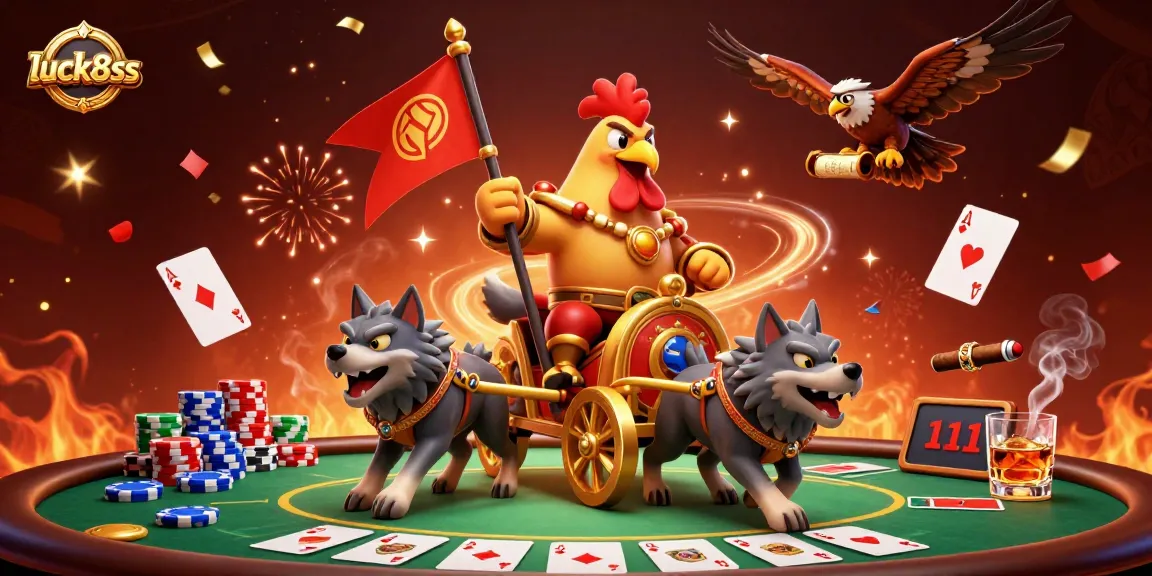 Engage with luck8ss at the lively casino scene featuring a cartoon rooster warlord with poker elements.