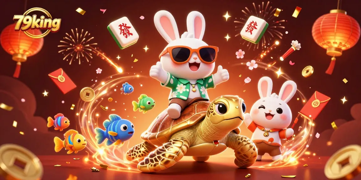 Experience thrilling wins at 79king, where a lucky rabbit celebrates on a sea turtle in a vibrant casino scene.