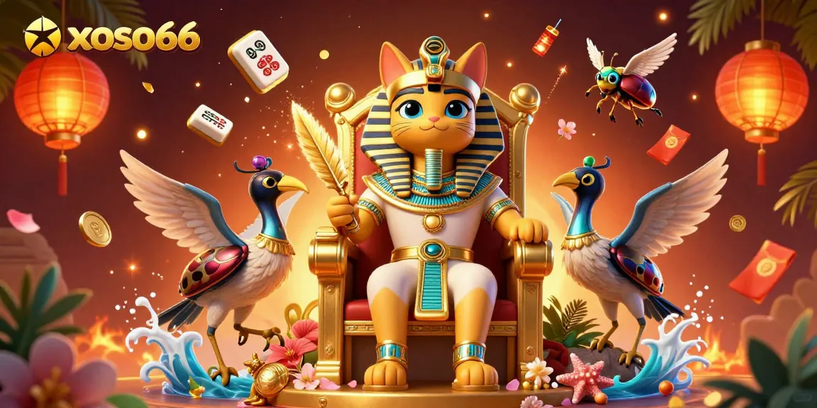 Play exciting games at xoso66, featuring vibrant Egyptian-themed characters and rich casino elements.