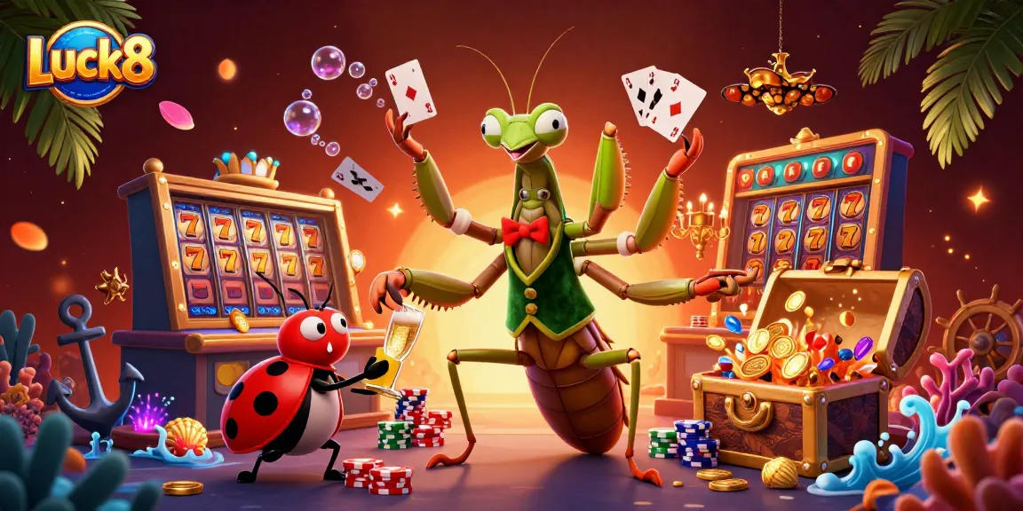 Experience Luck8 with vibrant characters and engaging slot elements in a dynamic casino scene.