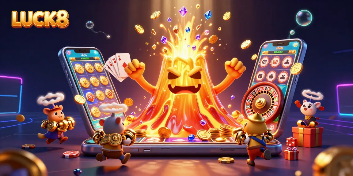 LUCK8 invites players to win with a vibrant 3D casino scene featuring a volcano of treasures and gaming elements.