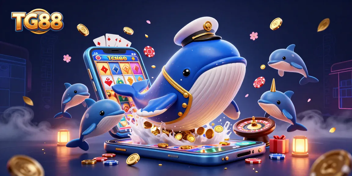 Engage with TG88: A vibrant 3D scene of a whale, narwhal, and dolphins celebrating casino gaming.