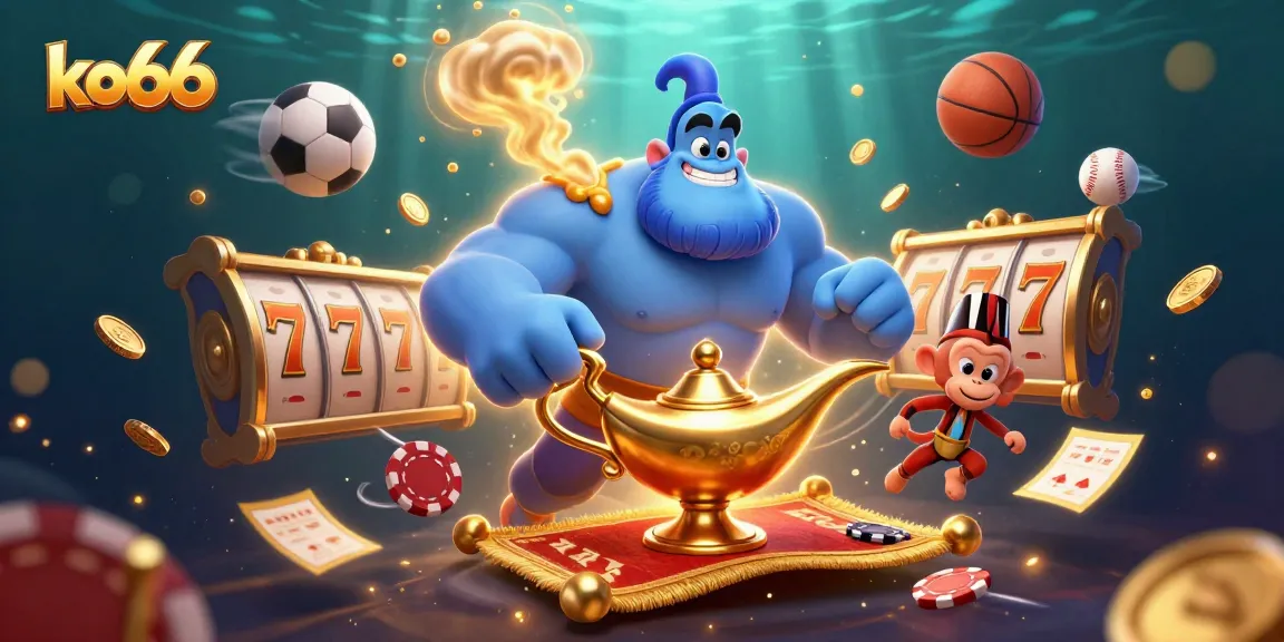 Experience the magic of ko66 with a vibrant 3D casino scene featuring a genie, monkey, and dynamic gambling elements.