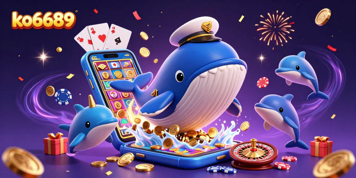 Experience the thrilling world of ko6689 with a vibrant casino scene featuring a whale and dynamic gambling elements.