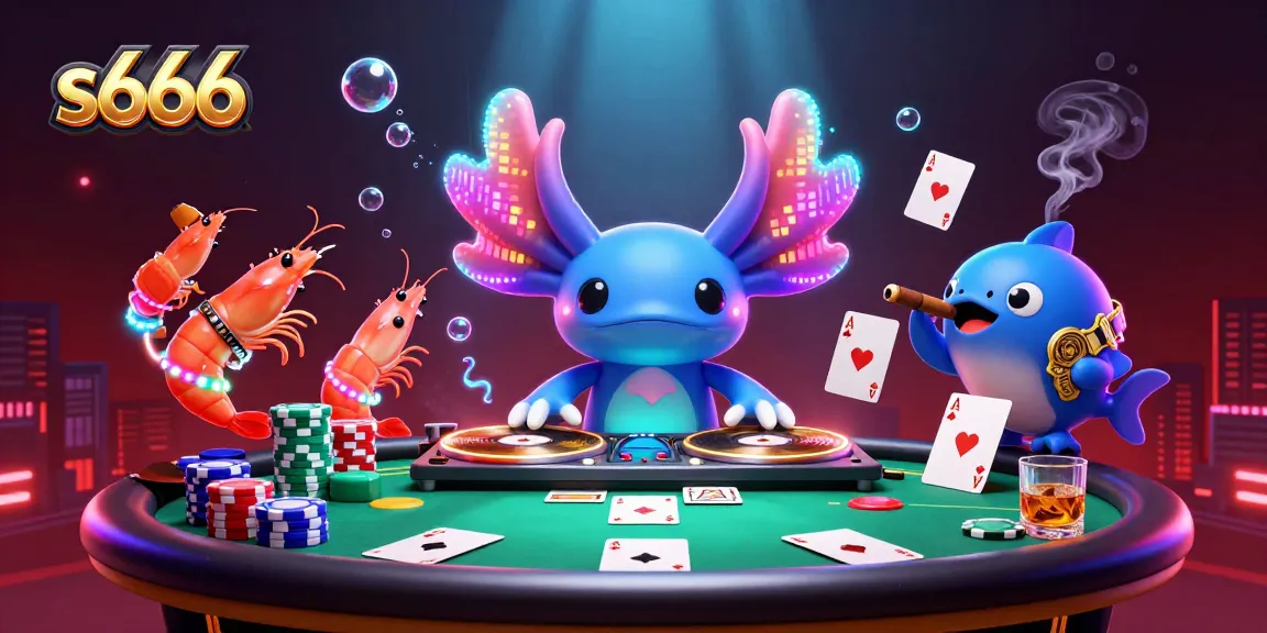 Experience vibrant gaming with s666, featuring a neon axolotl DJ and dynamic poker elements.
