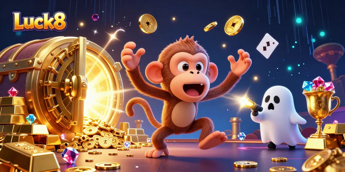 Luck8: Engaging with a playful monkey in a vibrant haunted casino adventure.