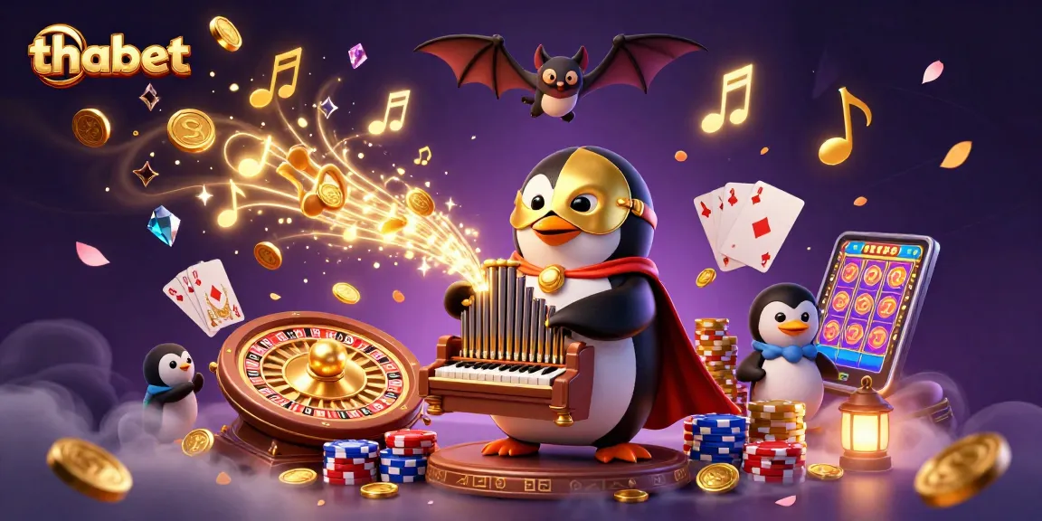 Experience thabet's thrilling atmosphere with a penguin playing an organ amidst golden coins and exciting casino elements.