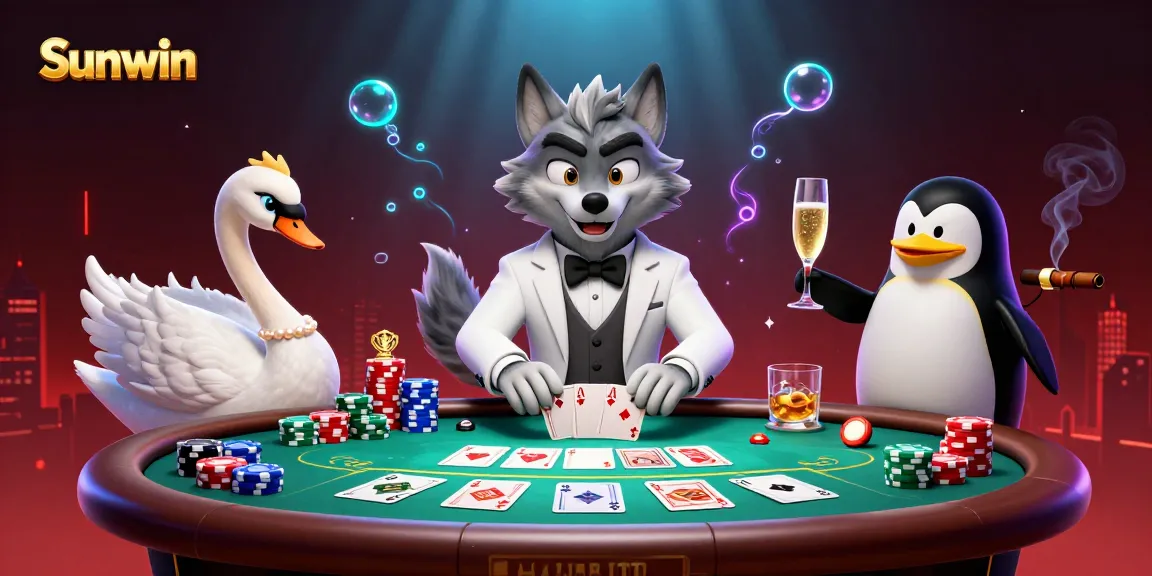 Engage with Sunwin at a lavish casino night featuring a stylish wolf, a swan dealer, and a penguin sommelier.