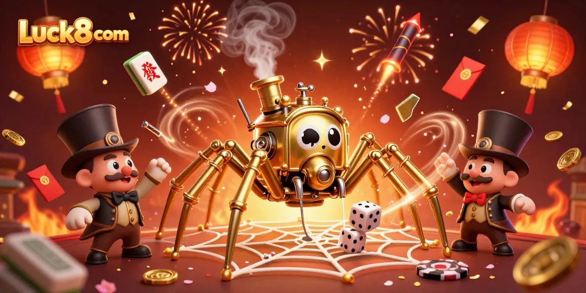 Engage with the intricate world of Luck8 com, showcasing a playful steampunk spider in a vibrant casino scene.
