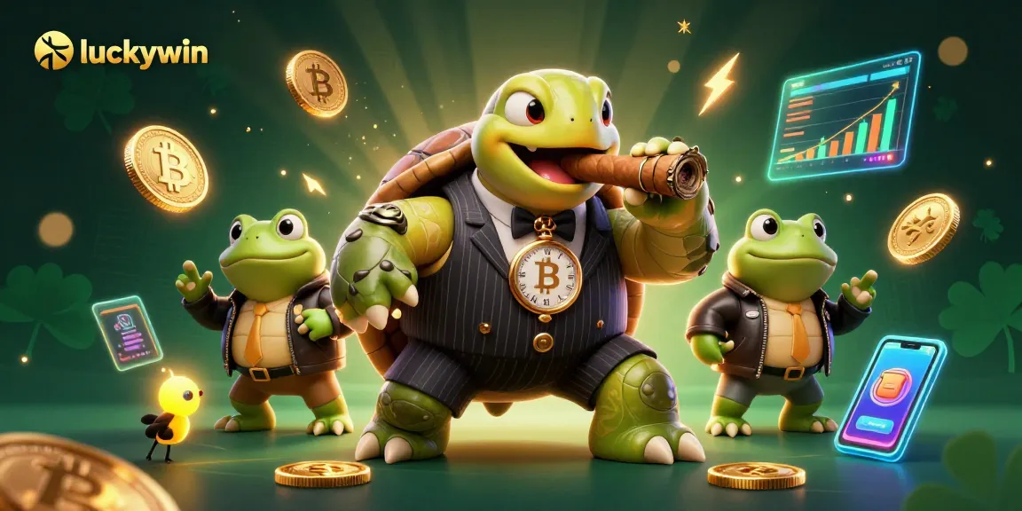 Experience the excitement of luckywin with a cartoon snapping turtle and bullfrogs in a vibrant casino scene.