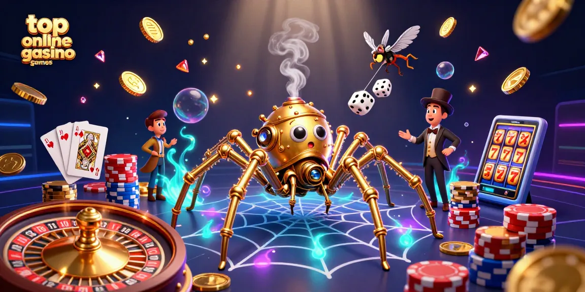 Experience the excitement of top online casino games with a steampunk spider and interactive elements.