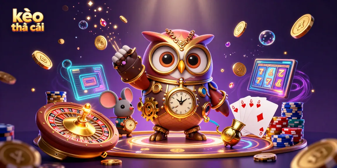 Engage in kèo nhà cái excitement surrounded by a steampunk owl and colorful casino elements.