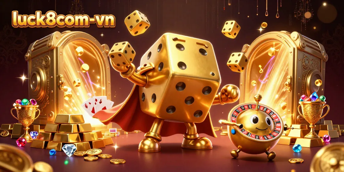 Experience the thrill of luck8com-vn with a vibrant, lively scene of golden dice and casino treasures.